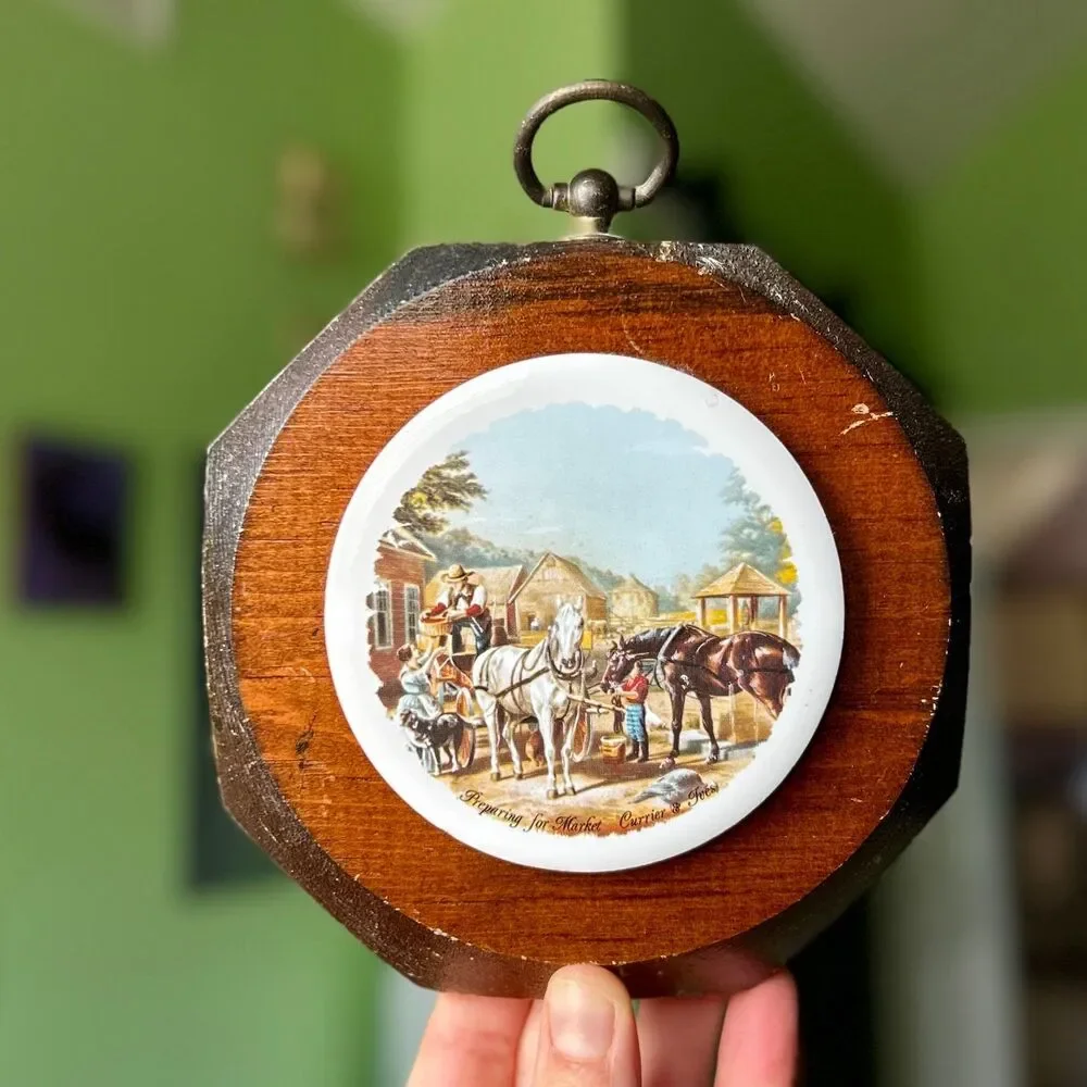 VTG Ceramic Still Life Homestead Western on Wood Plaque Wall Sign Decor